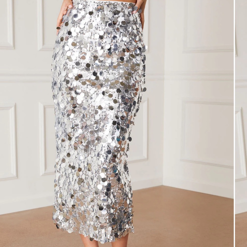 Vici Liya Paillette Sequin Sparkle Silver Maxi Skirt - Picture 4 of 9
